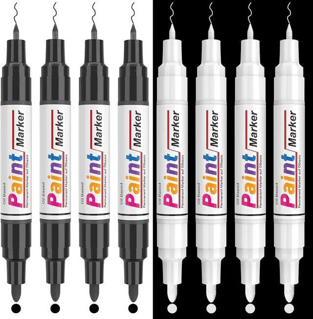 Main image of Dual Tip Paint Pens Paint Markers, 4 White & 4 Black Oil Based Permanent Markers - 0.7mm Extra Fine Tip, Waterproof, Quick-drying, Good Coverage for Rock, Metal, Tire, Plastic, Wood, Glass, Fabric