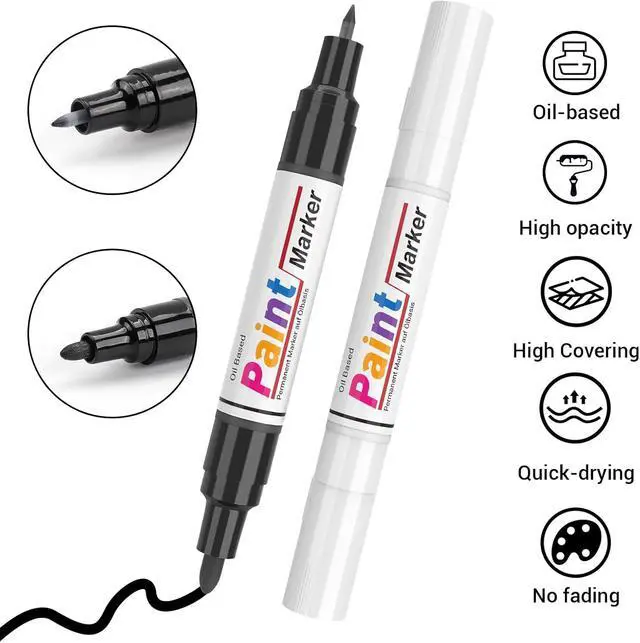 Alt view image 2 of 7 - Dual Tip Paint Pens Paint Markers, 4 White & 4 Black Oil Based Permanent Markers - 0.7mm Extra Fine Tip, Waterproof, Quick-drying, Good Coverage for Rock, Metal, Tire, Plastic, Wood, Glass, Fabric