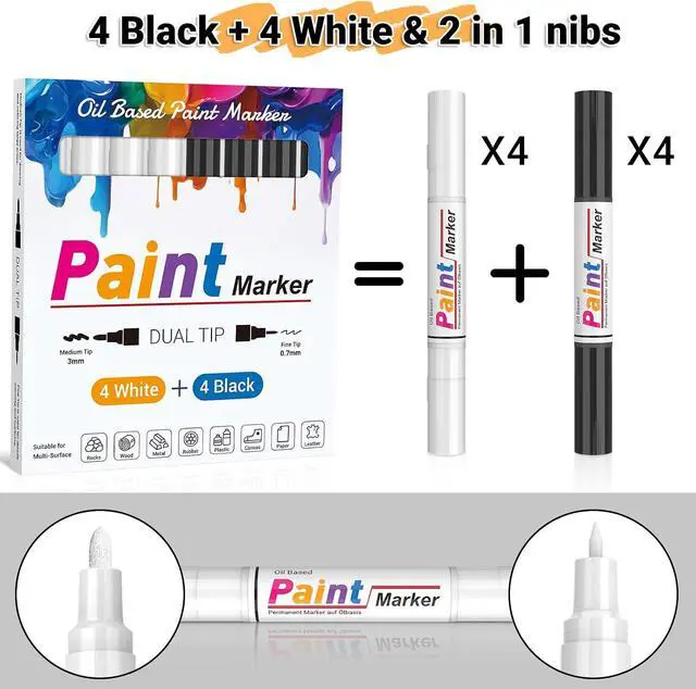 Alt view image 3 of 7 - Dual Tip Paint Pens Paint Markers, 4 White & 4 Black Oil Based Permanent Markers - 0.7mm Extra Fine Tip, Waterproof, Quick-drying, Good Coverage for Rock, Metal, Tire, Plastic, Wood, Glass, Fabric