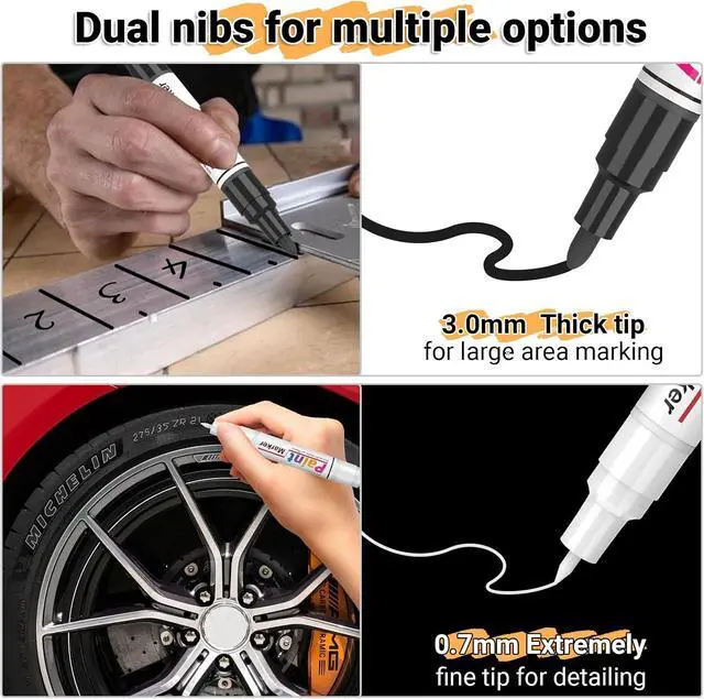 Alt view image 4 of 7 - Dual Tip Paint Pens Paint Markers, 4 White & 4 Black Oil Based Permanent Markers - 0.7mm Extra Fine Tip, Waterproof, Quick-drying, Good Coverage for Rock, Metal, Tire, Plastic, Wood, Glass, Fabric