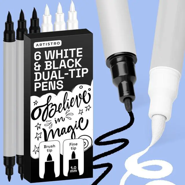 Main image of ARTISTRO Acrylic Paint Pens Dual Tip Markers Brush & Fine Tip Paint Pens for Calligraphy, Crafts, Greeting Cards, Ornament Decor, DIY Art (Black&White)