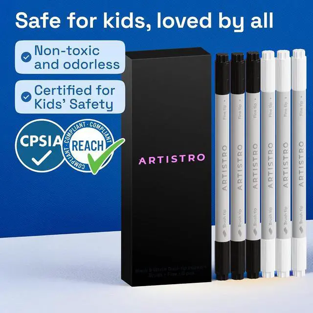Alt view image 6 of 7 - ARTISTRO Acrylic Paint Pens Dual Tip Markers Brush & Fine Tip Paint Pens for Calligraphy, Crafts, Greeting Cards, Ornament Decor, DIY Art (Black&White)