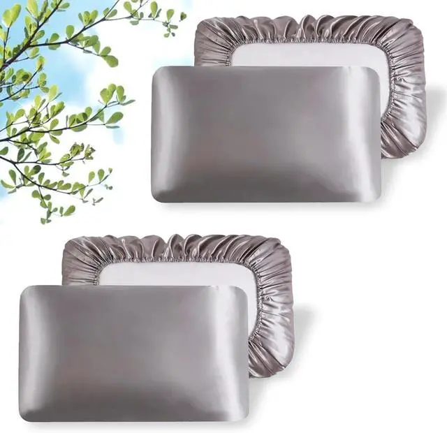Main image of 2 Packs Silk Satin Pillowcases for Hair and Skin. Decorative Luxurious Travel Elastic Band Satin Pillowcase. No Zipper, Folded Soft Blank Pillow Covers. Perfect for Travel and DIY Sublimation - Grey