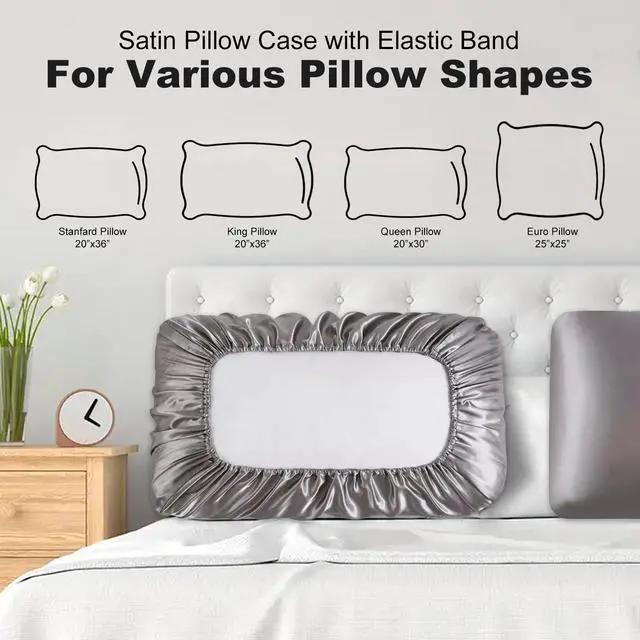 Alt view image 2 of 7 - 2 Packs Silk Satin Pillowcases for Hair and Skin. Decorative Luxurious Travel Elastic Band Satin Pillowcase. No Zipper, Folded Soft Blank Pillow Covers. Perfect for Travel and DIY Sublimation - Grey