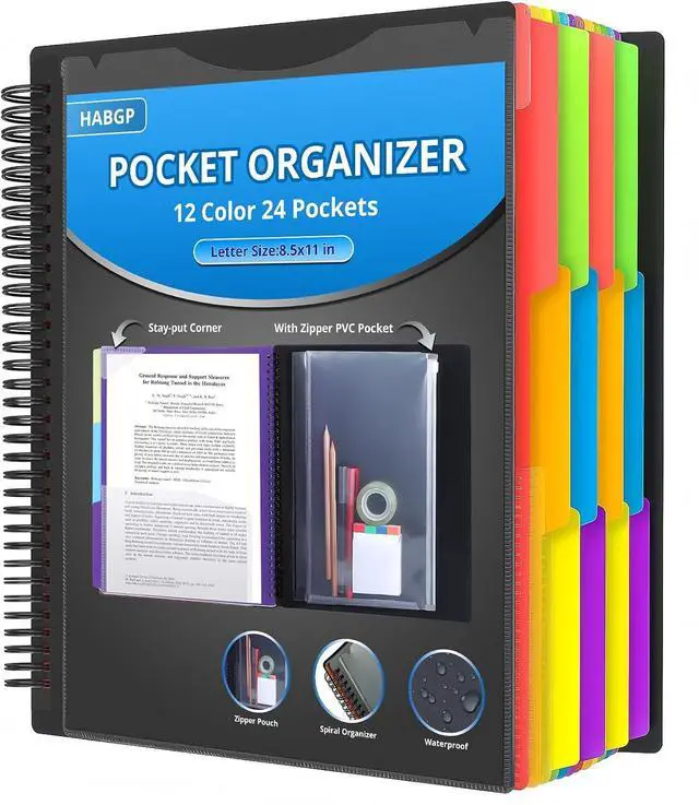 Main image of 24 Pocket Plastic folders with Pockets, 12 Color Multi Pocket with Dividers