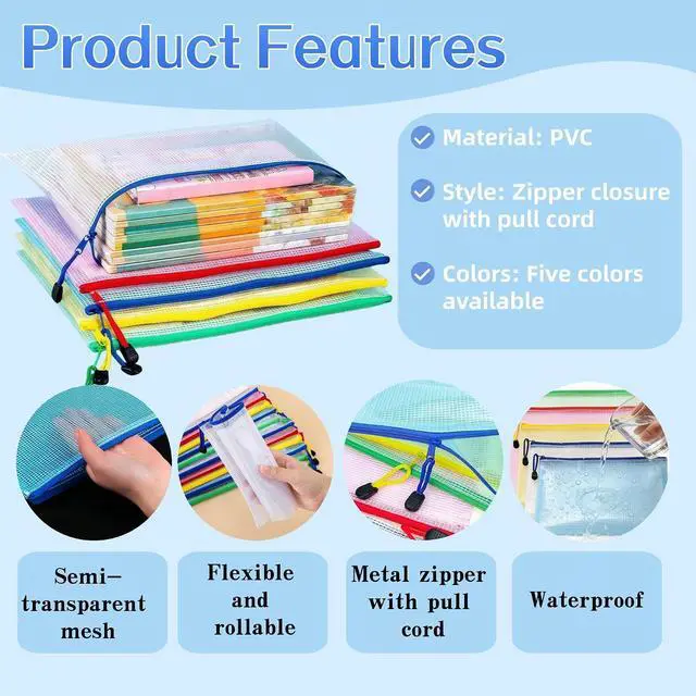 Alt view image 4 of 7 - FERENLI 10 Pcs 9.4x6.9 inch Mesh Zipper Files Pouch Bags (A5, Colorful)