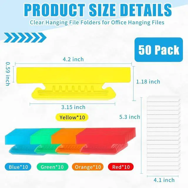Alt view image 2 of 7 - 50 Pieces 4 Inch Hanging File Folder Tabs and Inserts Large Clear Plastic Hanging Folder Tabs for Filing Cabinet Folders Labels Back to School Supplies Assorted Colors (50)