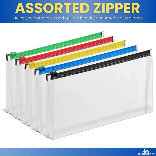 Alt view image 3 of 6 - 1InTheOffice Plastic Filing Envelopes with Zipper Closure, Moisture Resistant Envelope, Letter Size, Assorted Colors, Check Size (5 Pack)