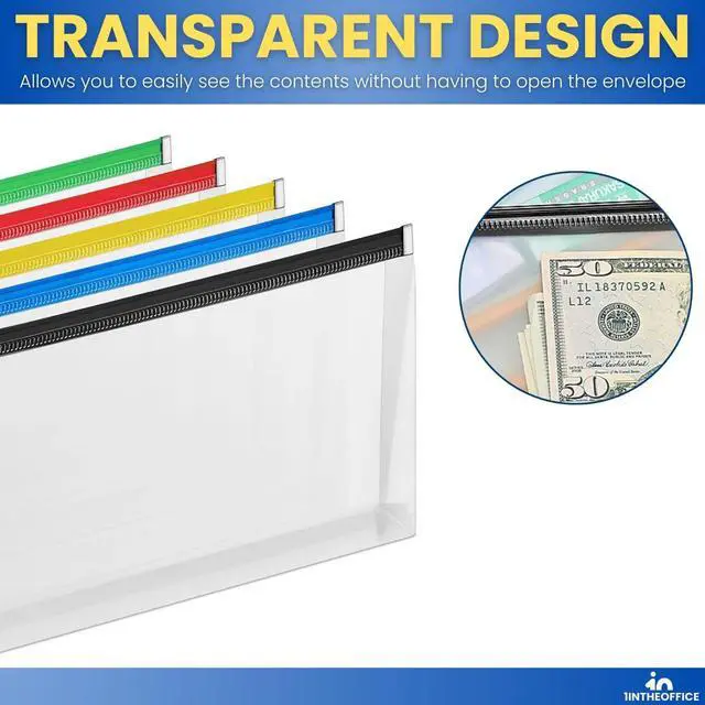 Alt view image 5 of 6 - 1InTheOffice Plastic Filing Envelopes with Zipper Closure, Moisture Resistant Envelope, Letter Size, Assorted Colors, Check Size (5 Pack)