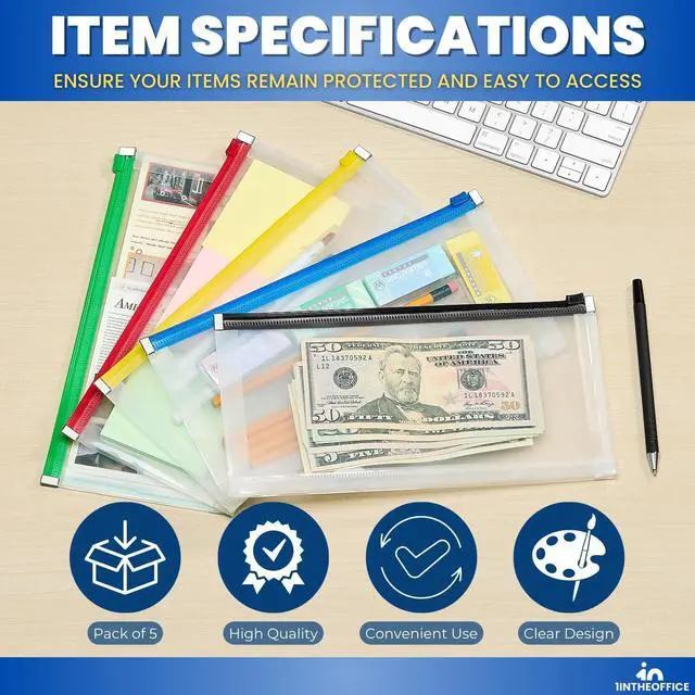 Alt view image 6 of 6 - 1InTheOffice Plastic Filing Envelopes with Zipper Closure, Moisture Resistant Envelope, Letter Size, Assorted Colors, Check Size (5 Pack)