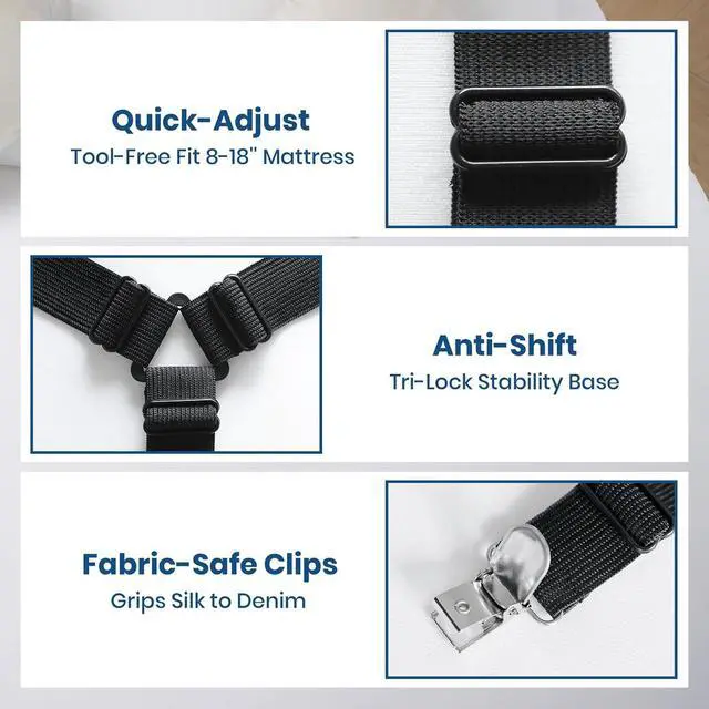 Alt view image 2 of 7 - FeelAtHome Adjustable Bed Sheet Clips & Corner Fasteners, 4 Pack, Black