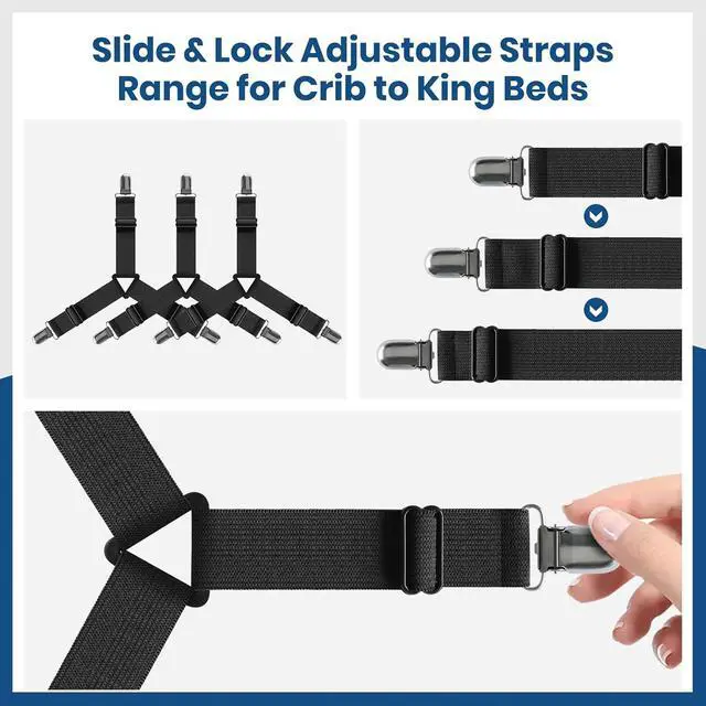 Alt view image 3 of 7 - FeelAtHome Adjustable Bed Sheet Clips & Corner Fasteners, 4 Pack, Black