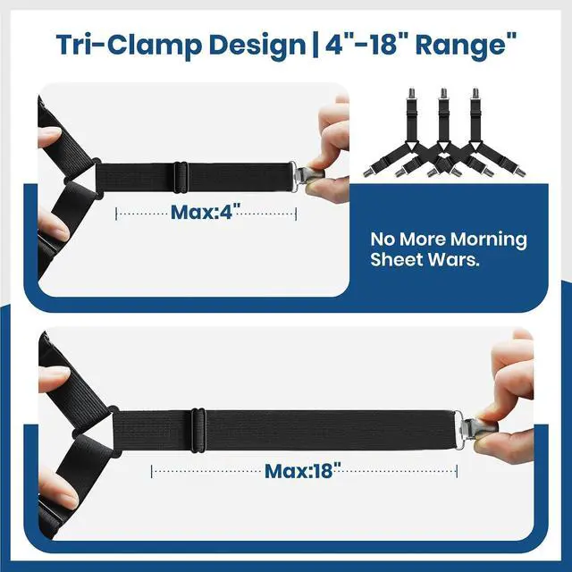 Alt view image 4 of 7 - FeelAtHome Adjustable Bed Sheet Clips & Corner Fasteners, 4 Pack, Black