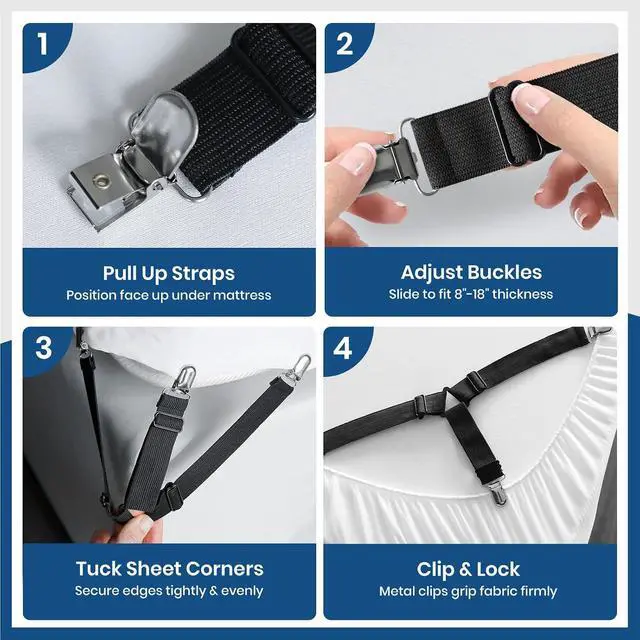 Alt view image 5 of 7 - FeelAtHome Adjustable Bed Sheet Clips & Corner Fasteners, 4 Pack, Black