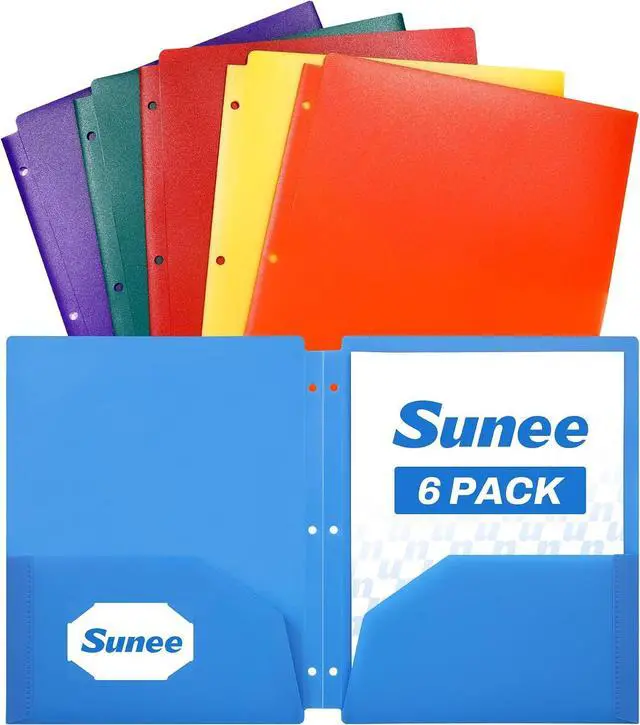 Main image of SUNEE 3 Hole Folders with Pockets (6 Pack, Assorted Color) Plastic Folders for 3 Ring Binder, Heavy Duty Binder Folder for Document for School, Students, Teachers, Office Staf