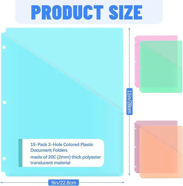 Alt view image 2 of 7 - 15 Pack 3 Hole Punch Colored Plastic Document Folders, Poly Translucent Slash File Jackets, US Letter/A4 Size 20C (2mm) Clear Pocket File Folders, Copy Safe Plastic Document Sleeves