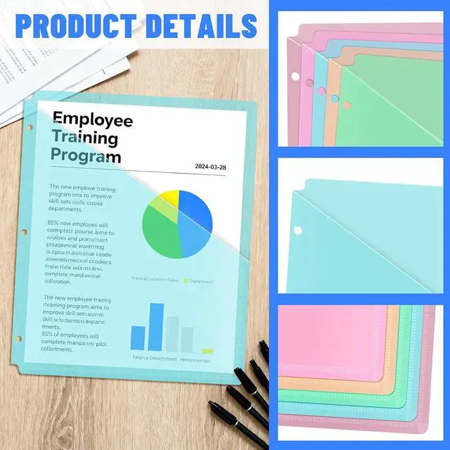 Alt view image 3 of 7 - 15 Pack 3 Hole Punch Colored Plastic Document Folders, Poly Translucent Slash File Jackets, US Letter/A4 Size 20C (2mm) Clear Pocket File Folders, Copy Safe Plastic Document Sleeves