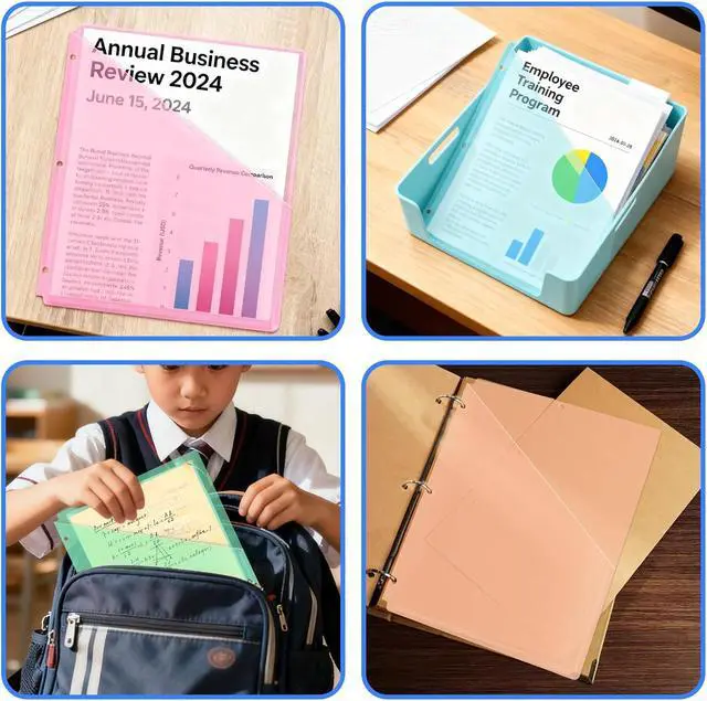 Alt view image 4 of 7 - 15 Pack 3 Hole Punch Colored Plastic Document Folders, Poly Translucent Slash File Jackets, US Letter/A4 Size 20C (2mm) Clear Pocket File Folders, Copy Safe Plastic Document Sleeves