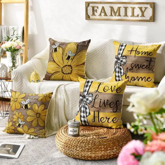 Alt view image 2 of 7 - AVOIN colorlife Spring Home Sweet Home Bee Sunflower Throw Pillow Covers, 18 x 18 Inch Love Lives Here Summer Stripes Polka Dots Cushion Case for Sofa Couch Set of 4