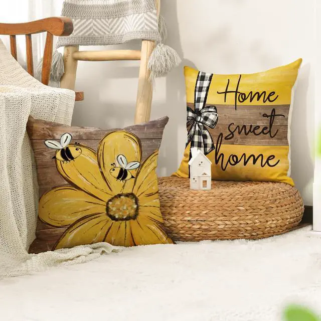 Alt view image 3 of 7 - AVOIN colorlife Spring Home Sweet Home Bee Sunflower Throw Pillow Covers, 18 x 18 Inch Love Lives Here Summer Stripes Polka Dots Cushion Case for Sofa Couch Set of 4