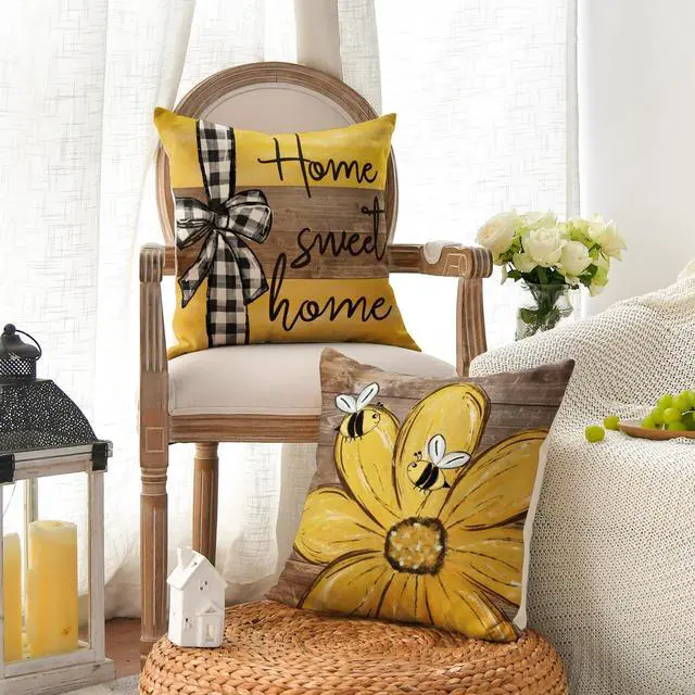 Alt view image 4 of 7 - AVOIN colorlife Spring Home Sweet Home Bee Sunflower Throw Pillow Covers, 18 x 18 Inch Love Lives Here Summer Stripes Polka Dots Cushion Case for Sofa Couch Set of 4