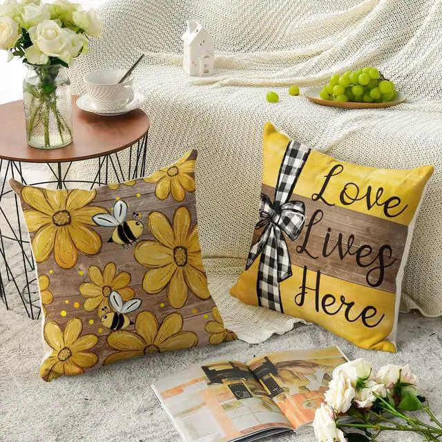 Alt view image 5 of 7 - AVOIN colorlife Spring Home Sweet Home Bee Sunflower Throw Pillow Covers, 18 x 18 Inch Love Lives Here Summer Stripes Polka Dots Cushion Case for Sofa Couch Set of 4
