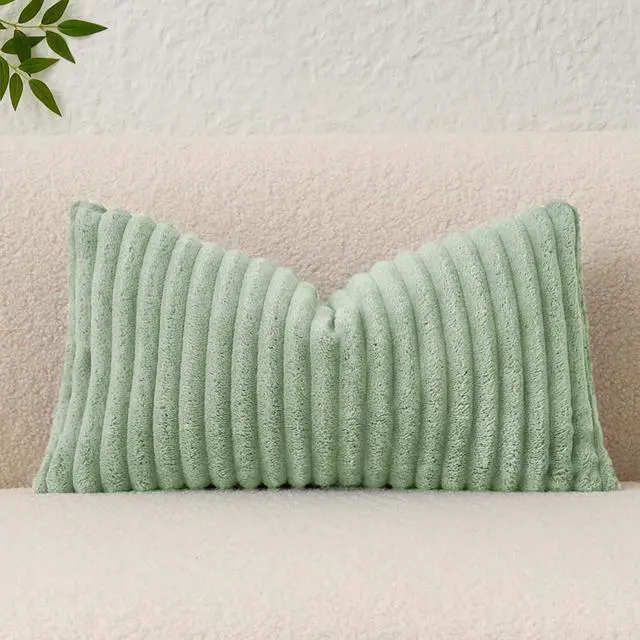Main image of Kevin Textile Soft Plush 12x24 Inch Lumbar Pillow Cover 1 Pack, Luxury Fluffy Faux Fur Striped Flannel Rectangle Cushion Case for Couch Sofa Chair Bed Home Decor, Sage Green