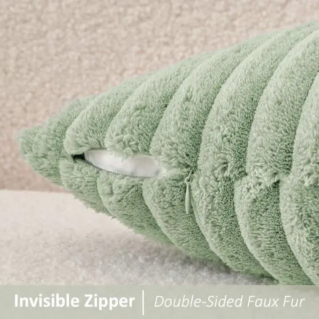 Alt view image 3 of 7 - Kevin Textile Soft Plush 12x24 Inch Lumbar Pillow Cover 1 Pack, Luxury Fluffy Faux Fur Striped Flannel Rectangle Cushion Case for Couch Sofa Chair Bed Home Decor, Sage Green