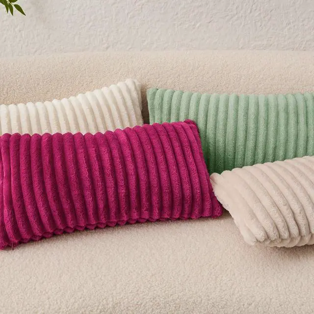 Alt view image 6 of 7 - Kevin Textile Soft Plush 12x24 Inch Lumbar Pillow Cover 1 Pack, Luxury Fluffy Faux Fur Striped Flannel Rectangle Cushion Case for Couch Sofa Chair Bed Home Decor, Sage Green