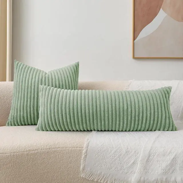 Alt view image 7 of 7 - Kevin Textile Soft Plush 12x24 Inch Lumbar Pillow Cover 1 Pack, Luxury Fluffy Faux Fur Striped Flannel Rectangle Cushion Case for Couch Sofa Chair Bed Home Decor, Sage Green