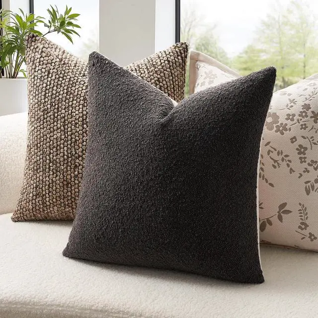 Alt view image 2 of 7 - Topfinel Neutral Grey Boucle Throw Pillow Covers 18x18 Inches Set of 4 Contrast Color Modern Living Room Decorative Cushions with Linen Cotton Backing Minimalist Chair Sofa Couch Home Style