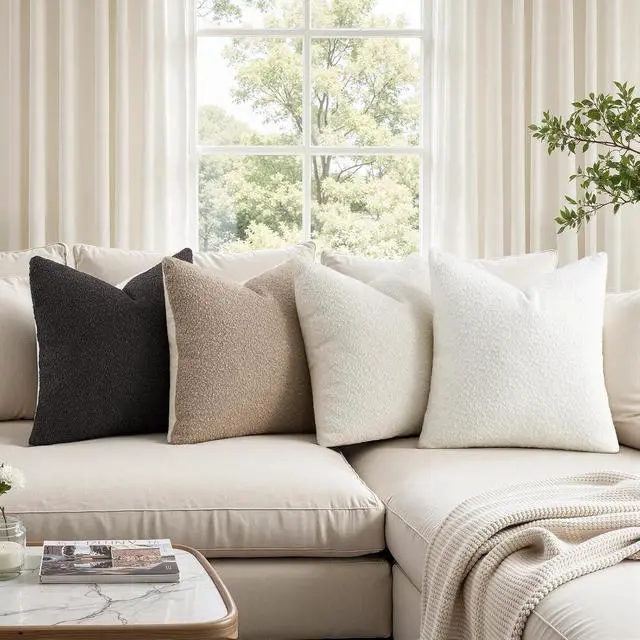 Alt view image 4 of 7 - Topfinel Neutral Grey Boucle Throw Pillow Covers 18x18 Inches Set of 4 Contrast Color Modern Living Room Decorative Cushions with Linen Cotton Backing Minimalist Chair Sofa Couch Home Style