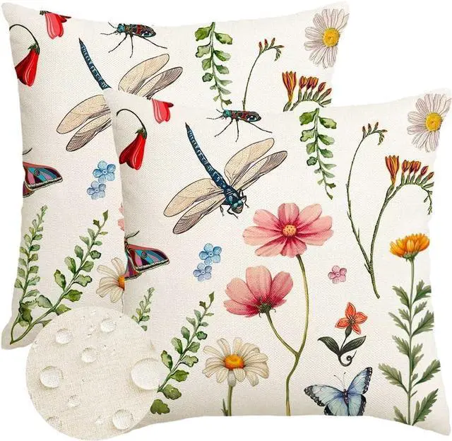 Main image of RABUSOFA Spring Summer Pillow Covers 18x18 Inch Waterproof,Wild Flowers Dragonfly Outdoor Cushion Case Patio Decorations Set of 2 for Outside Furniture Bench Chair