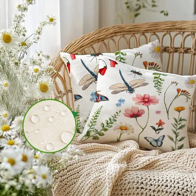 Alt view image 2 of 7 - RABUSOFA Spring Summer Pillow Covers 18x18 Inch Waterproof,Wild Flowers Dragonfly Outdoor Cushion Case Patio Decorations Set of 2 for Outside Furniture Bench Chair