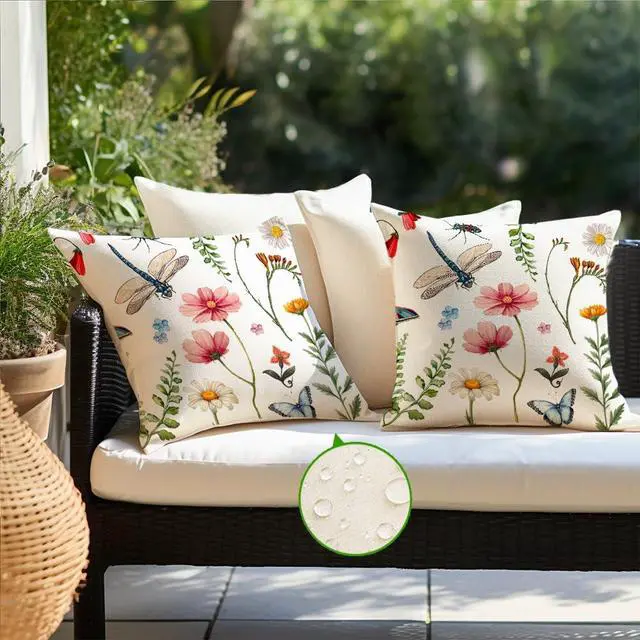 Alt view image 3 of 7 - RABUSOFA Spring Summer Pillow Covers 18x18 Inch Waterproof,Wild Flowers Dragonfly Outdoor Cushion Case Patio Decorations Set of 2 for Outside Furniture Bench Chair