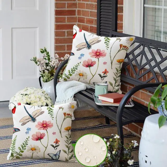 Alt view image 4 of 7 - RABUSOFA Spring Summer Pillow Covers 18x18 Inch Waterproof,Wild Flowers Dragonfly Outdoor Cushion Case Patio Decorations Set of 2 for Outside Furniture Bench Chair