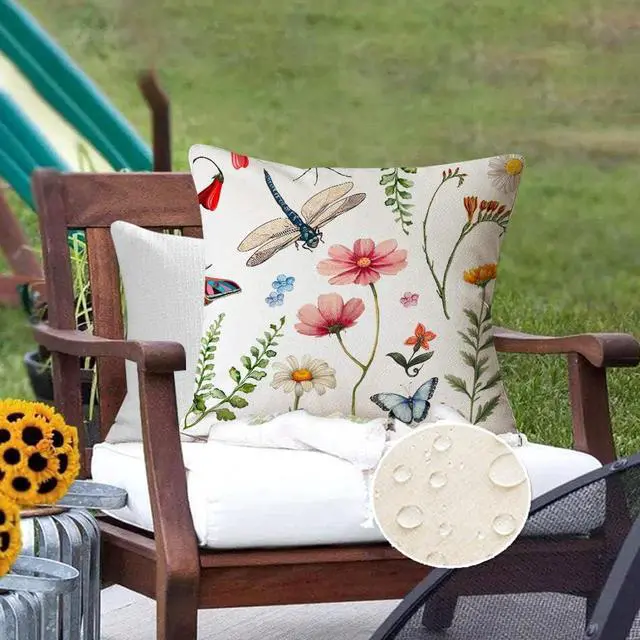 Alt view image 5 of 7 - RABUSOFA Spring Summer Pillow Covers 18x18 Inch Waterproof,Wild Flowers Dragonfly Outdoor Cushion Case Patio Decorations Set of 2 for Outside Furniture Bench Chair