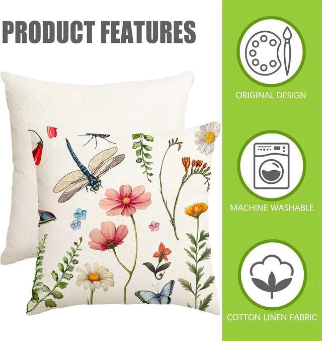 Alt view image 6 of 7 - RABUSOFA Spring Summer Pillow Covers 18x18 Inch Waterproof,Wild Flowers Dragonfly Outdoor Cushion Case Patio Decorations Set of 2 for Outside Furniture Bench Chair
