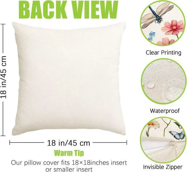 Alt view image 7 of 7 - RABUSOFA Spring Summer Pillow Covers 18x18 Inch Waterproof,Wild Flowers Dragonfly Outdoor Cushion Case Patio Decorations Set of 2 for Outside Furniture Bench Chair