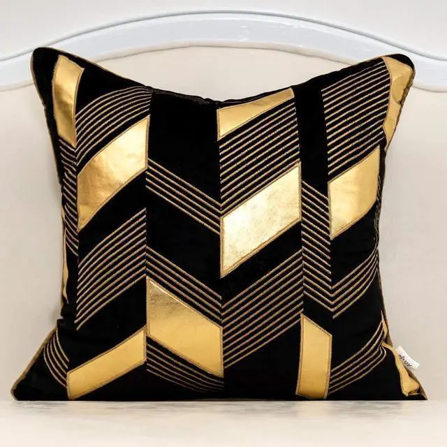 Main image of Alerfa 18 x 18 Inches Black Geometric Gold Leather Striped Cushion Cases Embroidery Modern Throw Pillow Covers Decorative Pillows for Couch Living Room Bedroom Car 45 x 45cm