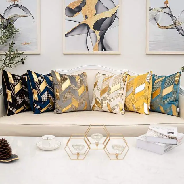 Alt view image 7 of 7 - Alerfa 18 x 18 Inches Black Geometric Gold Leather Striped Cushion Cases Embroidery Modern Throw Pillow Covers Decorative Pillows for Couch Living Room Bedroom Car 45 x 45cm