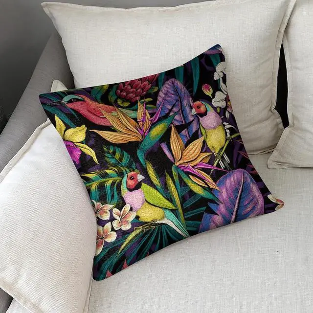 Alt view image 6 of 7 - Linen Pillow Case Gouldian Finch Pattern 18x18 Inch Double Sided Decorative Cushion Cover for Sofa Bed Chair Car