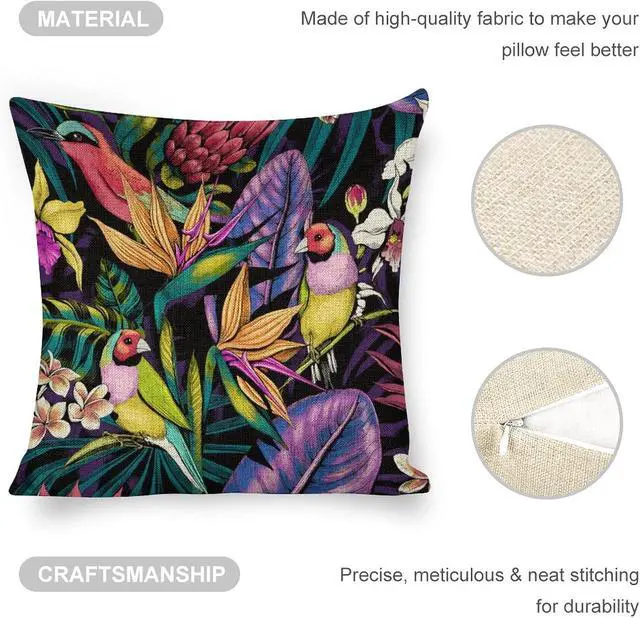 Alt view image 5 of 7 - Linen Pillow Case Gouldian Finch Pattern 18x18 Inch Double Sided Decorative Cushion Cover for Sofa Bed Chair Car