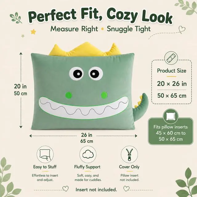 Alt view image 2 of 7 - Kids Plush Cute Dino Animal Soft Toddler Pillowcase for Beds and Nap Time Travel Pillows Bedroom Home Furnishing, Christmas Halloween Thanksgiving Gifts (Dinosaur-Green, 26×20Inches)