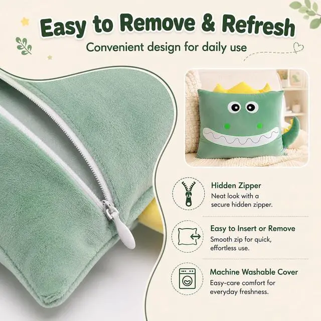 Alt view image 3 of 7 - Kids Plush Cute Dino Animal Soft Toddler Pillowcase for Beds and Nap Time Travel Pillows Bedroom Home Furnishing, Christmas Halloween Thanksgiving Gifts (Dinosaur-Green, 26×20Inches)