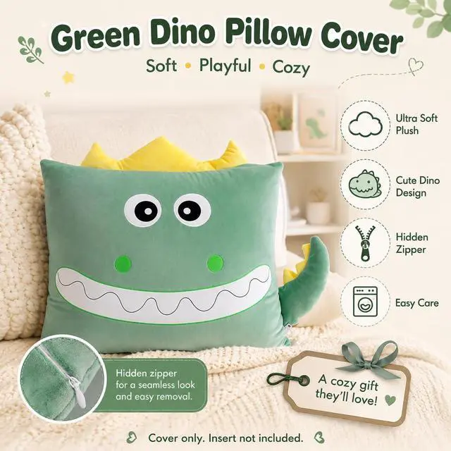 Alt view image 5 of 7 - Kids Plush Cute Dino Animal Soft Toddler Pillowcase for Beds and Nap Time Travel Pillows Bedroom Home Furnishing, Christmas Halloween Thanksgiving Gifts (Dinosaur-Green, 26×20Inches)