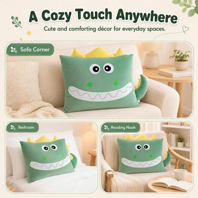 Alt view image 7 of 7 - Kids Plush Cute Dino Animal Soft Toddler Pillowcase for Beds and Nap Time Travel Pillows Bedroom Home Furnishing, Christmas Halloween Thanksgiving Gifts (Dinosaur-Green, 26×20Inches)