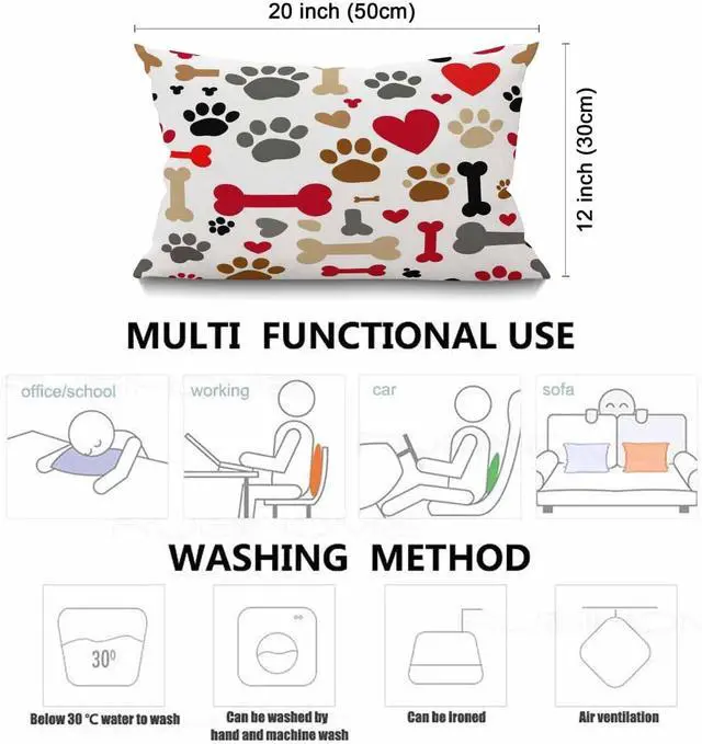 Alt view image 3 of 5 - Smooffly Dogs Paws and Bones Cotton Linen Throw Lumbar Waist Pillow Case Cushion Cover Home Office Decorative Rectangle 12 X 20 Inches