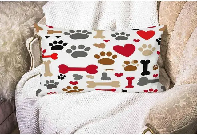 Alt view image 4 of 5 - Smooffly Dogs Paws and Bones Cotton Linen Throw Lumbar Waist Pillow Case Cushion Cover Home Office Decorative Rectangle 12 X 20 Inches