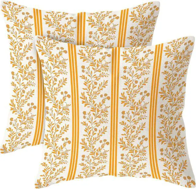 Main image of Set of 2 Vintage Flower Throw Pillow Covers 18x18 Inch Orange Striped Floral Decor Pillowcase Linen Decoration Cushion Covers for Farmhouse Home Sofa Couch Bed Chair Living Room
